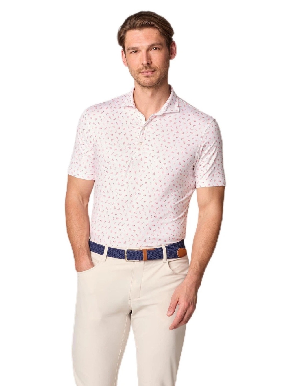 johnnie-O Flamingo Print Performance Polo Shirt White Pink Men’s XXL Golf